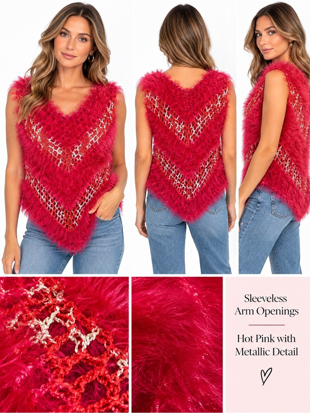 Hot Pink Fuzzy Knit Sleeveless Top with Metallic Detail One Size OOAK